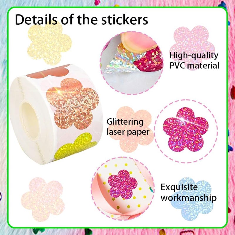 RUPOFUZA 500Pcs Spring Vinyl Floral Stickers Roll 1in Glitter Stickers 8 Colors Flower Label Tag Self-Adhesive Classroom Reward Waterproof Decals for Envelope Bottle Birthday Party Decor - Image 2
